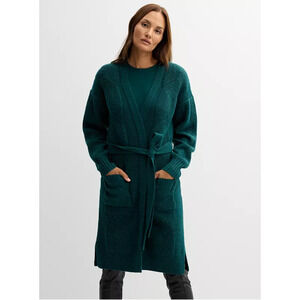 Nine West Womens Cardigan Sweater Medium Teal Ribbed Belted Capsule Cozy Winter